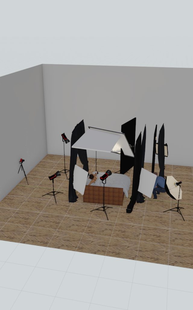 撮影前のライティング設計図。ISO 800, f/6.3, 50mmの露出設定と、各ストロボ（Godox AD200）の出力・角度を緻密に計算した設計データ。