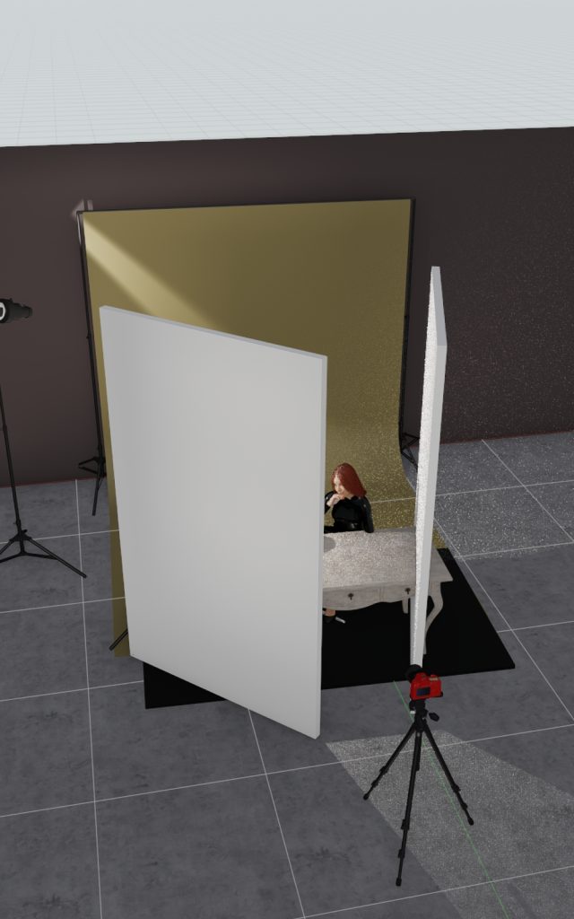 「ポートレート準備室」のための3D CGライティングシミュレーション。Vフラットや大型リフレクターの配置、カメラ位置を論理的に設計したスタジオセット。