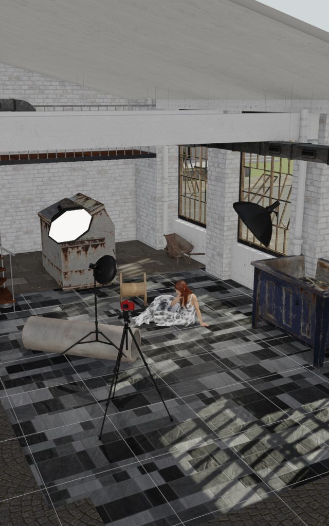 フォトグラファー赤木友厚による、ちゃんみな「ハレンチ」MV再現撮影の3Dシミュレーション現場全景。廃墟スタジオ内に、カメラ、三脚、複数のGodox AD200ライト（ソフトボックス、ビューティーディッシュ）が配置されている。