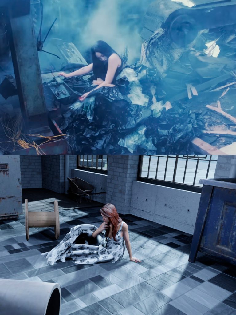 フォトグラファー赤木友厚による、ちゃんみな「ハレンチ」MV（上）と、廃墟スタジオでの3Dシミュレーションによる再現写真（下）の比較。モデルがガレキの中で座っている。