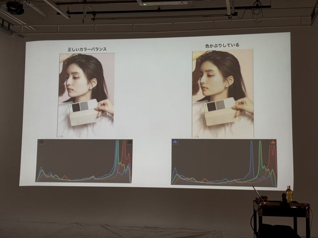 セミナー会場のプロジェクター画面。左右に女性のポートレートと比較用ヒストグラムが表示されている。