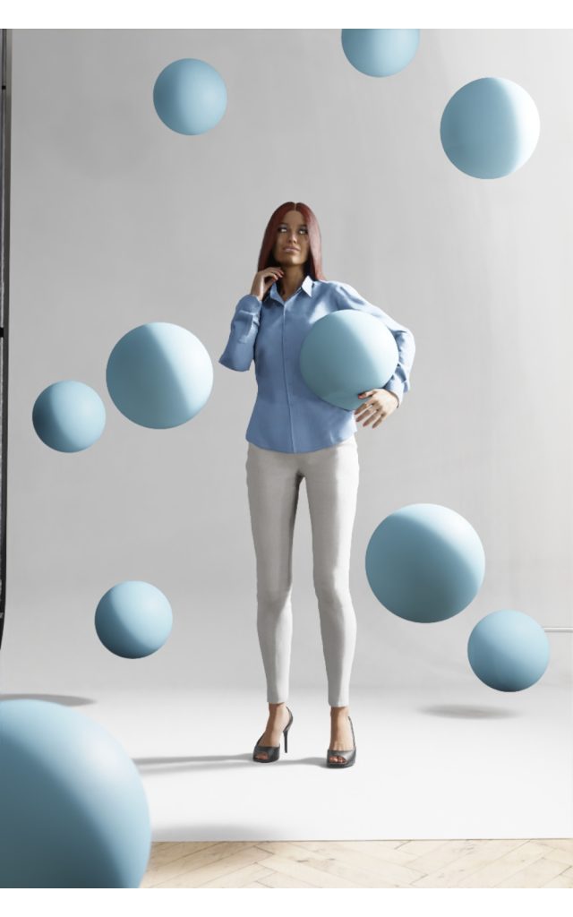 フォトグラファー赤木友厚による天使界隈撮影の3Dライティングシミュレーション案。青い風船と浮遊感を演出するライティング設計。