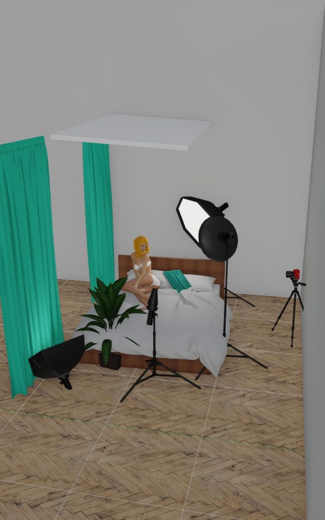 3D空間に配置されたカメラ、照明機材（ソフトボックス、オクタ）、モデル、小道具のレイアウト俯瞰図。