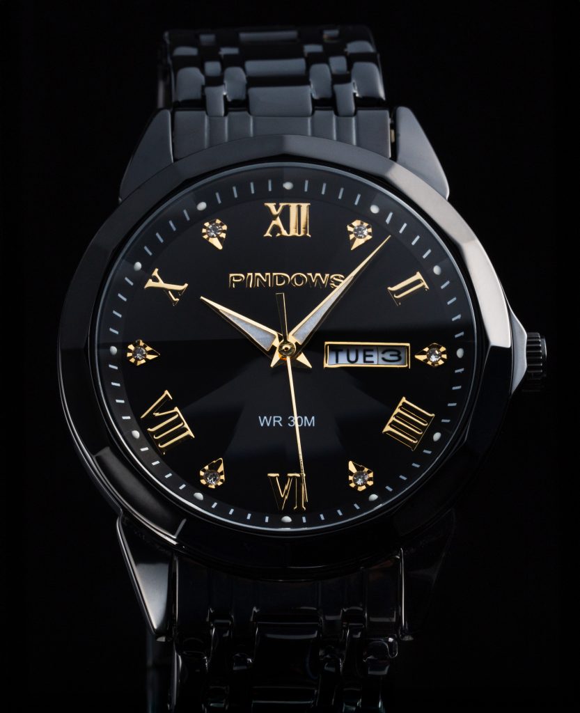 PINDOWS 腕時計 メンズ時計 ダイヤモンド ビジネス ドレス アナログ クオーツ 黒文字盤 ゴールドインデックス 撮影作品