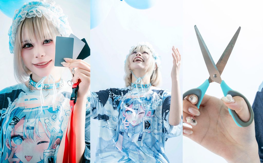 天使界隈の象徴的なハサミの小道具と、カラーチャートを持つモデル緋月。正確な色再現と世界観の構築。